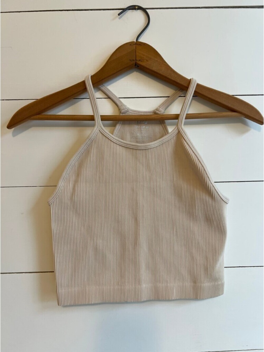 Sunzel Ribbed High-Neck Crop Sports Bra Cream Women's Size M/L Athleisure Sporty
